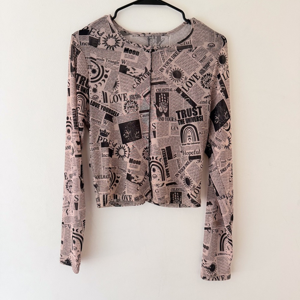 Newspaper Print Mesh‎ Top Womens L Y2K Celestial Grunge Long Sleeve Indie Sleaze